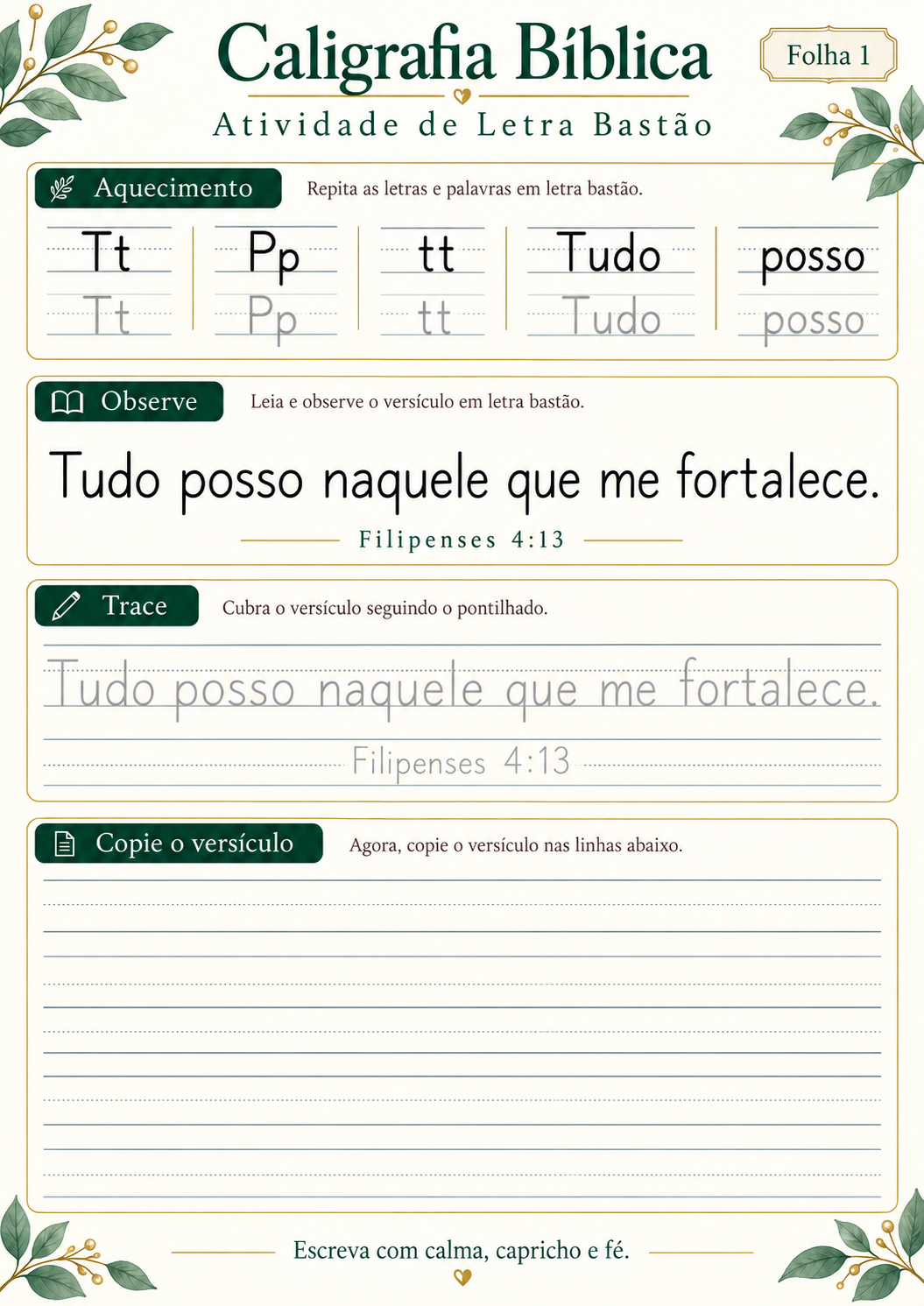 Atividade de caligrafia bíblica em letra bastão — folha 1