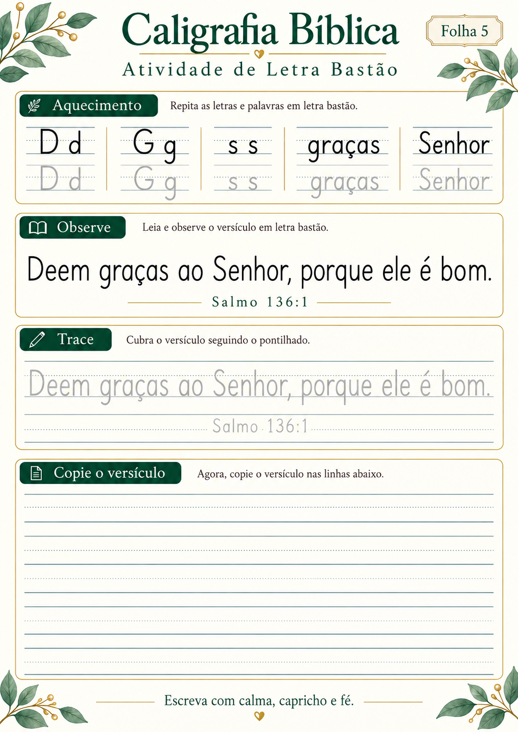 Atividade de caligrafia bíblica em letra bastão — folha 5