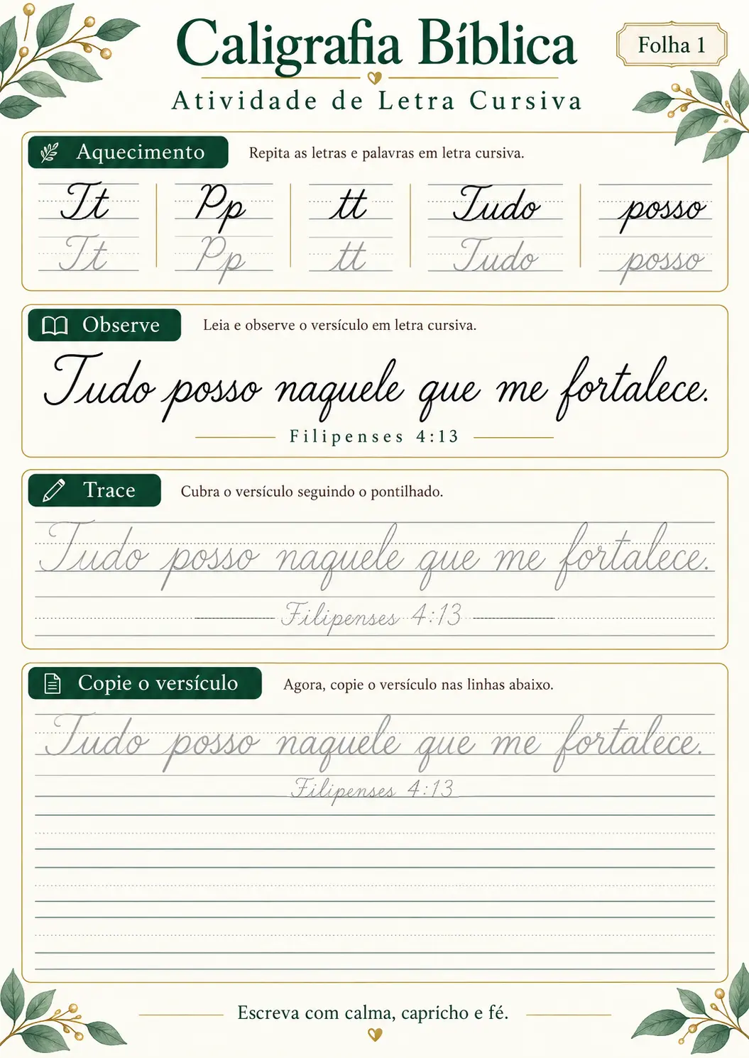 Atividade de caligrafia bíblica em letra cursiva — folha 1