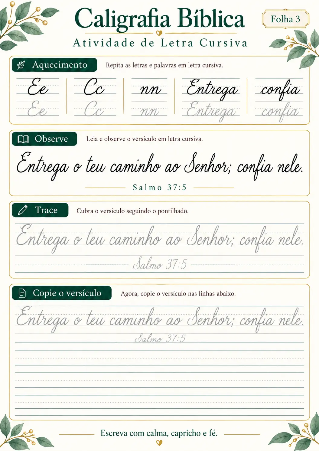 Atividade de caligrafia bíblica em letra cursiva — folha 3